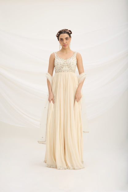 BEIGE EMBROIDERED DRESS WITH DUPATTA - White Maison de Couture