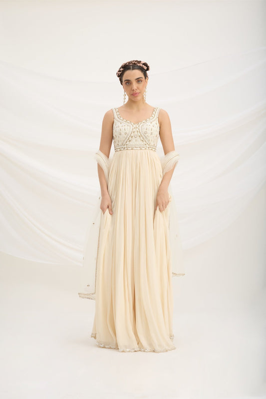 BEIGE EMBROIDERED DRESS WITH DUPATTA - White Maison de Couture