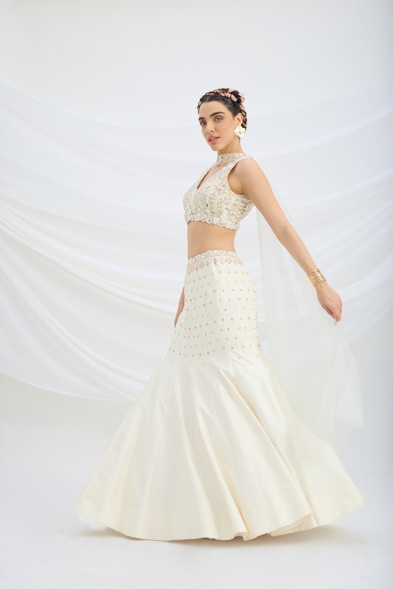BEIGE EMBROIDERED FISHCUT LEHENGA WITH BLOUSE AND DUPATTA - White Maison de Couture