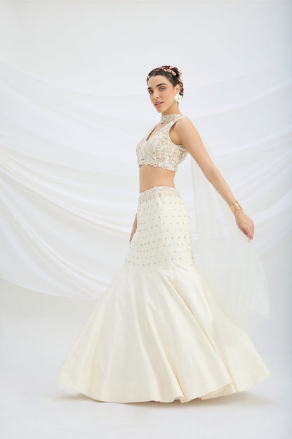 BEIGE EMBROIDERED FISHCUT LEHENGA WITH BLOUSE AND DUPATTA - White Maison de Couture