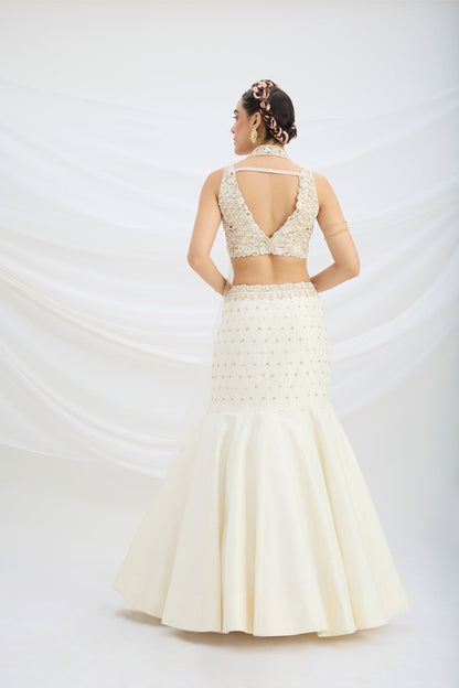 BEIGE EMBROIDERED FISHCUT LEHENGA WITH BLOUSE AND DUPATTA - White Maison de Couture