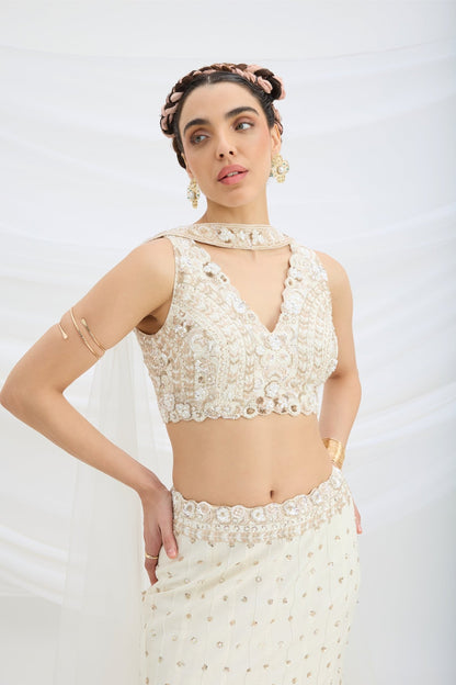 BEIGE EMBROIDERED FISHCUT LEHENGA WITH BLOUSE AND DUPATTA - White Maison de Couture
