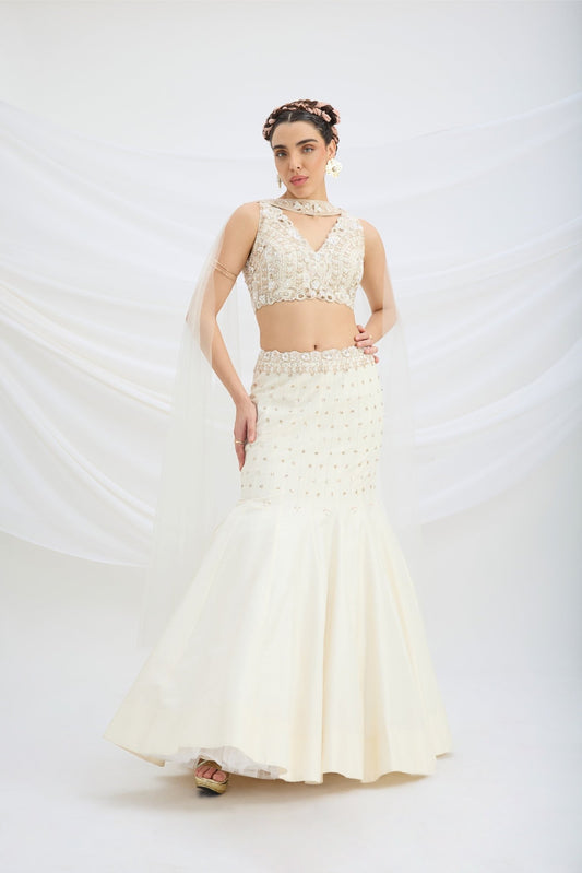 BEIGE EMBROIDERED FISHCUT LEHENGA WITH BLOUSE AND DUPATTA - White Maison de Couture