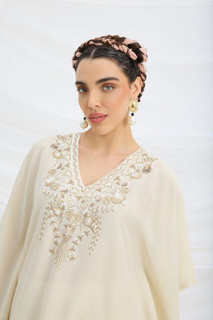 BEIGE EMBROIDERED KAFTAN WITH BOTTOM - White Maison de Couture