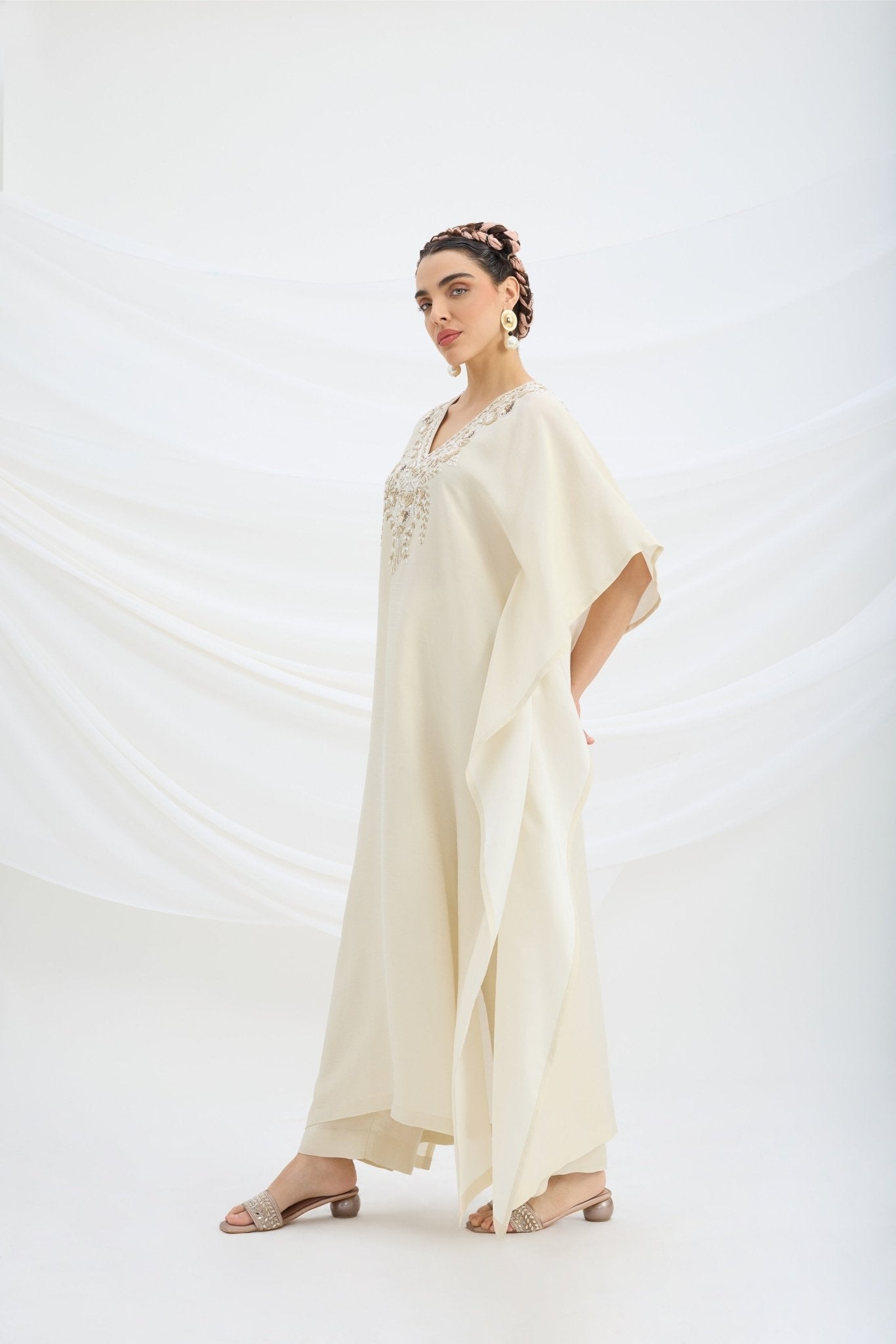 BEIGE EMBROIDERED KAFTAN WITH BOTTOM - White Maison de Couture