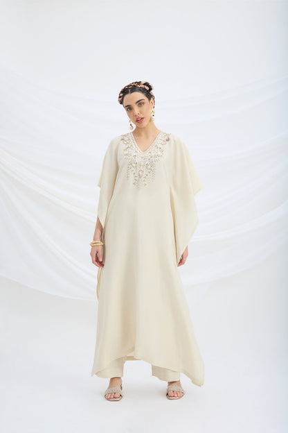 BEIGE EMBROIDERED KAFTAN WITH BOTTOM - White Maison de Couture