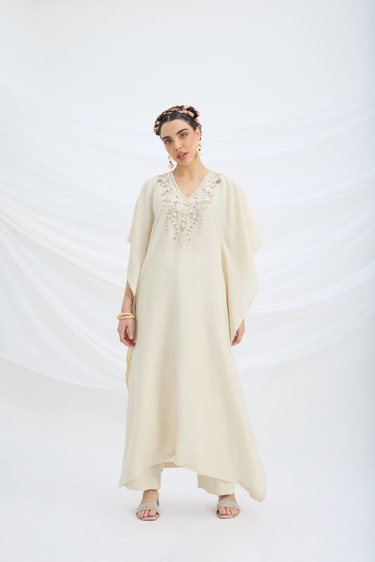 BEIGE EMBROIDERED KAFTAN WITH BOTTOM - White Maison de Couture