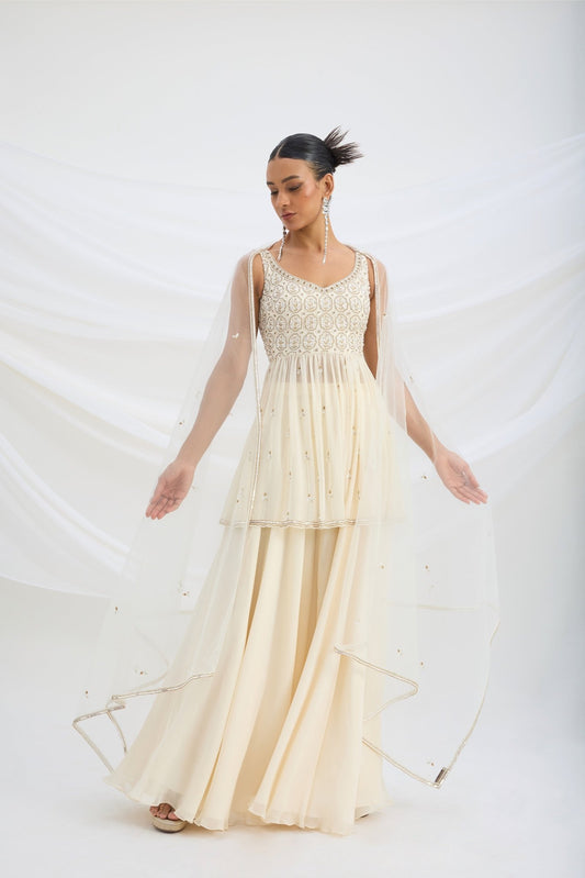 BEIGE SHARARA WITH EMBROIDERED PEPLUM TOP AND DUPATTA - White Maison de Couture
