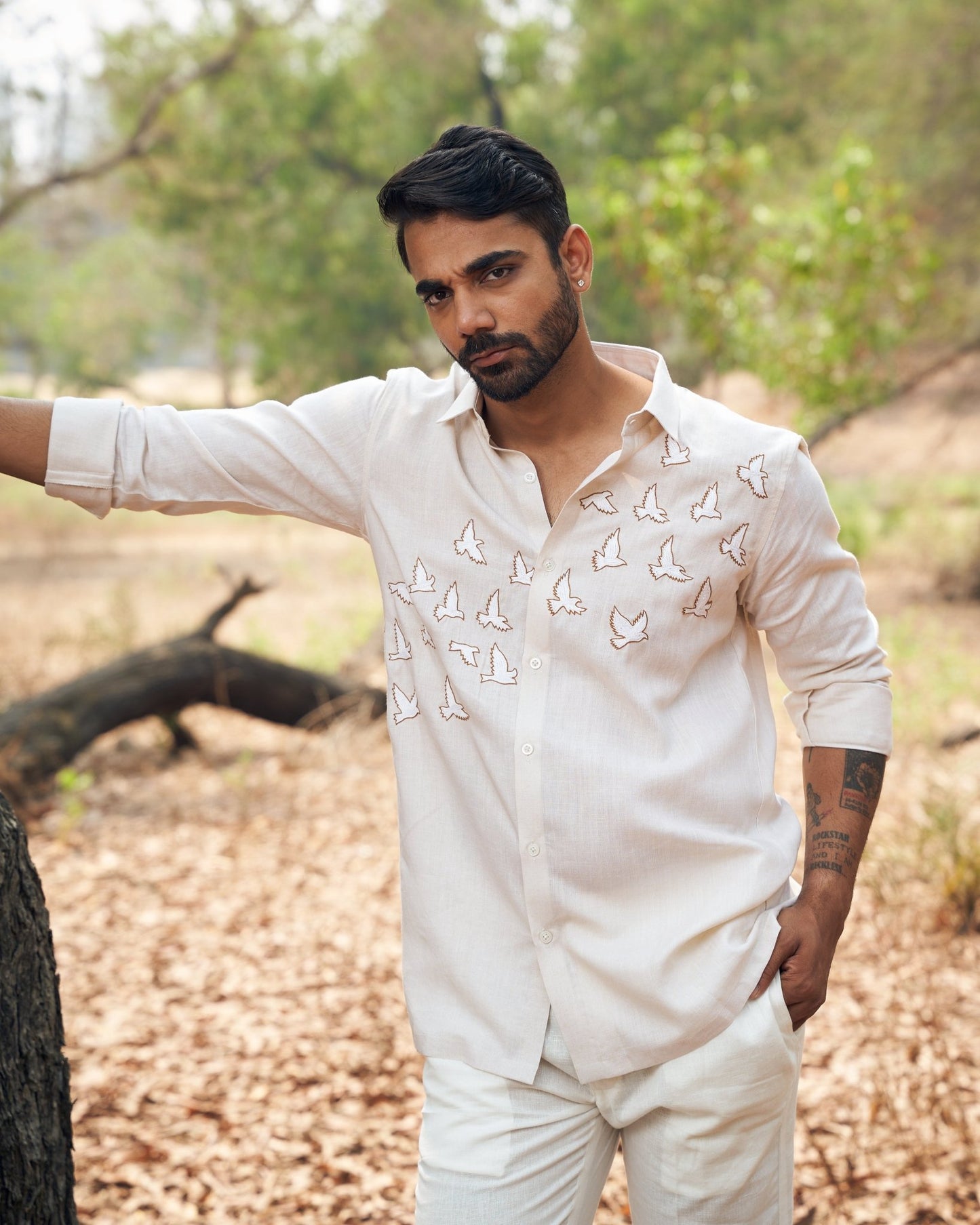 BIRDS LINEN SHIRT - White Maison de Couture