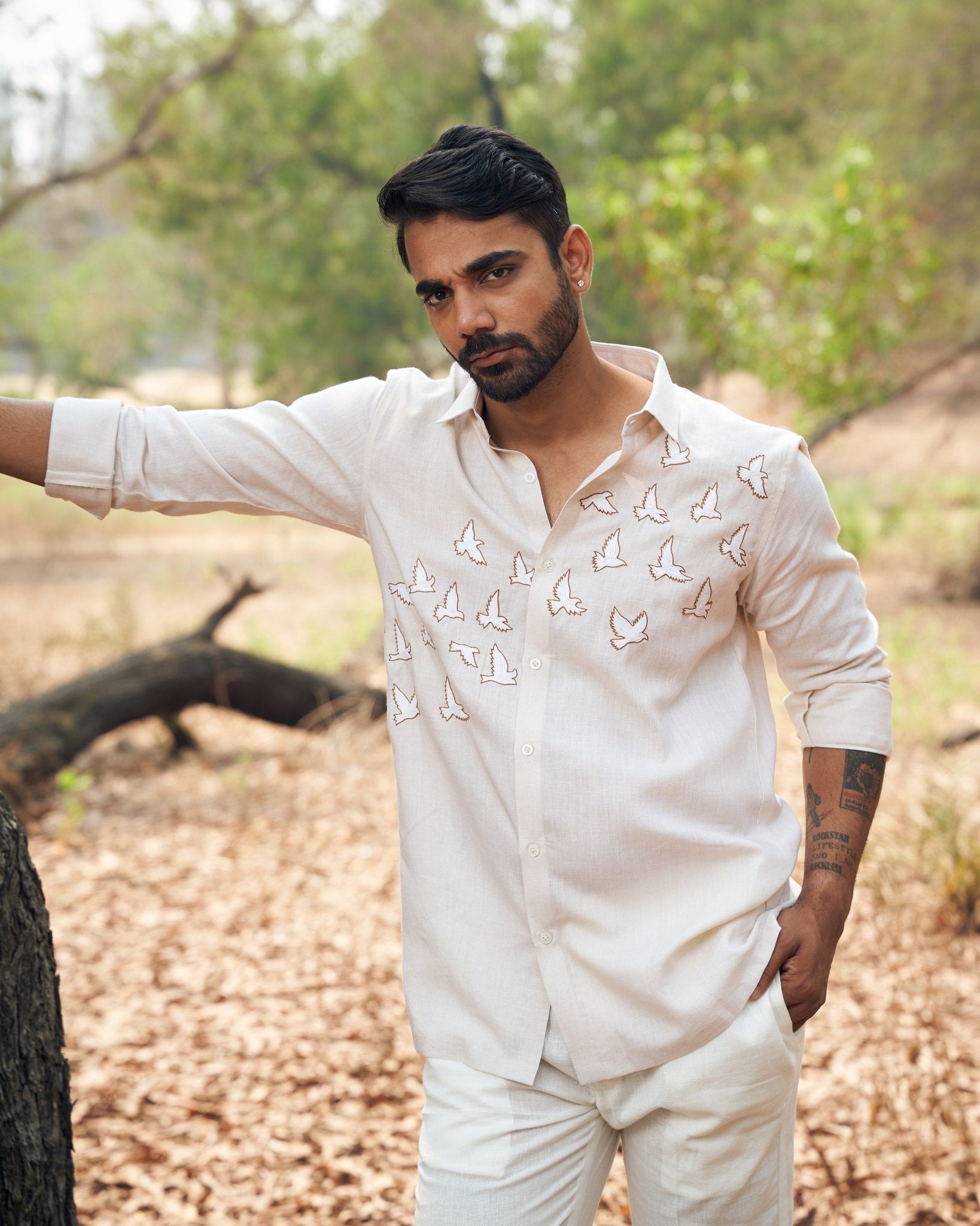BIRDS LINEN SHIRT - White Maison de Couture