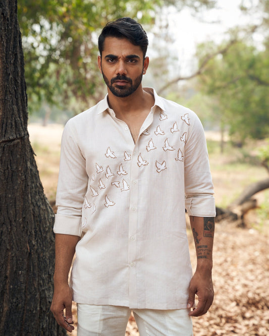 BIRDS LINEN SHIRT - White Maison de Couture