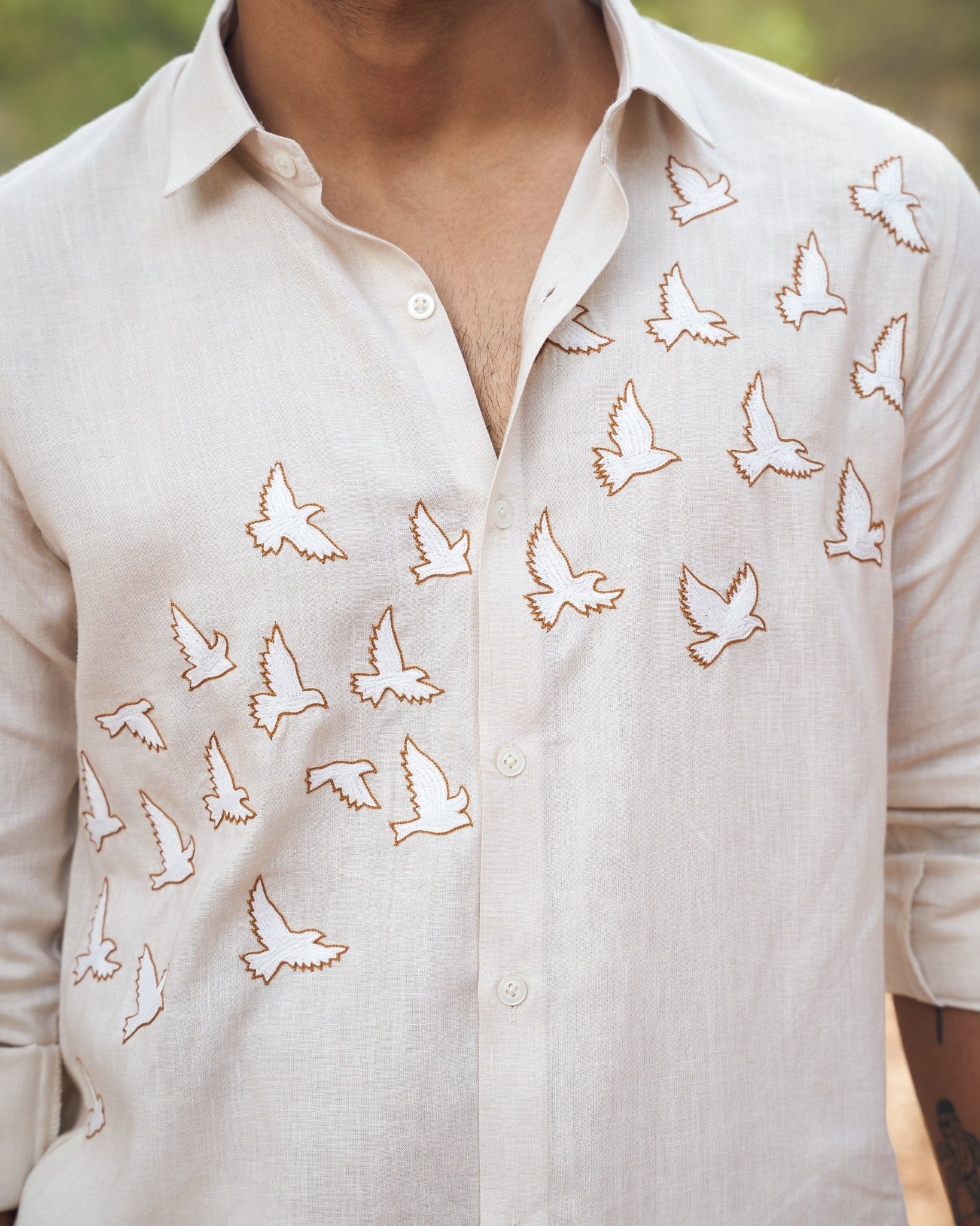 BIRDS LINEN SHIRT - White Maison de Couture