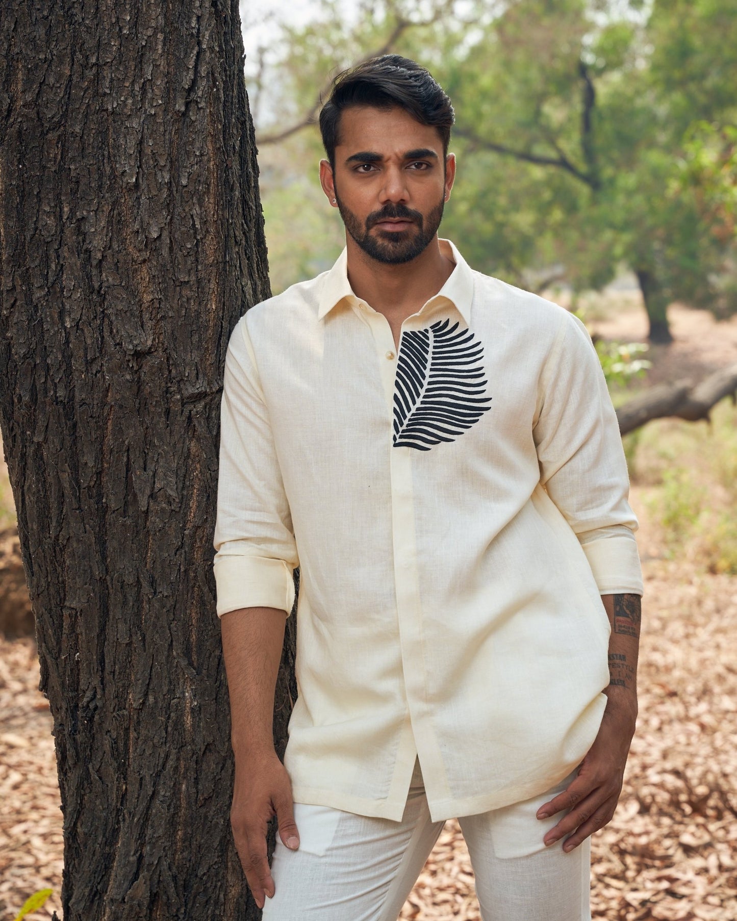 BLACK LEAF LINEN SHIRT - White Maison de Couture