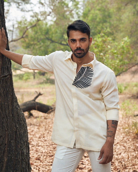 BLACK LEAF LINEN SHIRT - White Maison de Couture