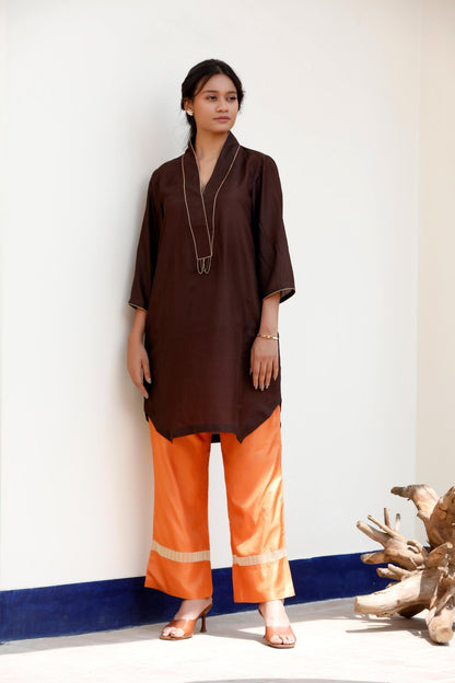 BROWN & ORANGE KURTA SET - White Maison de Couture