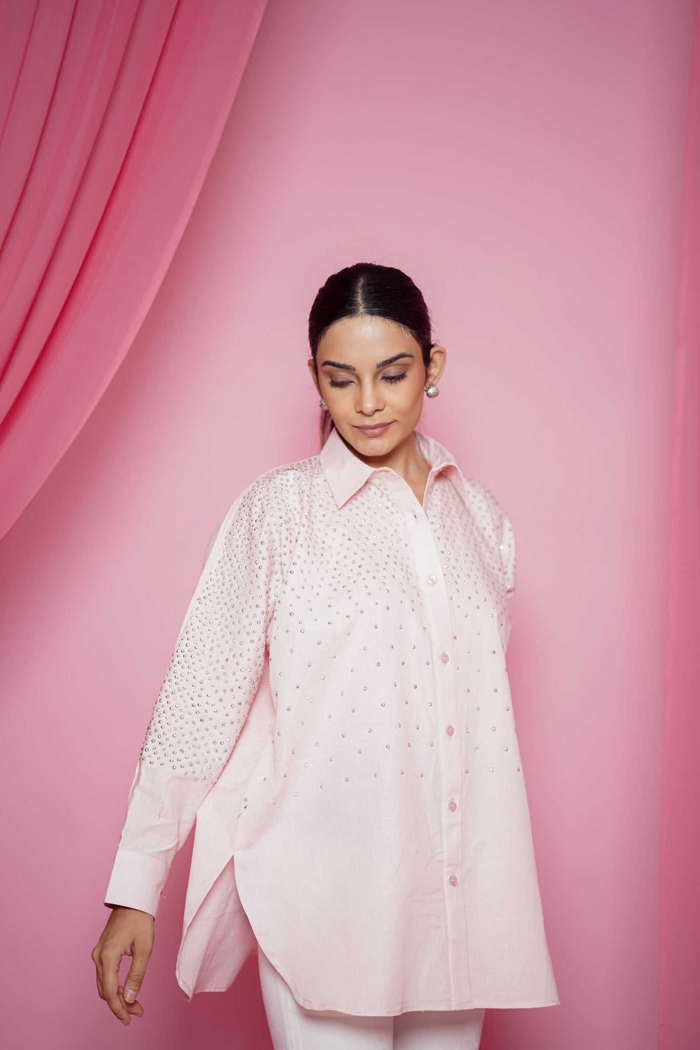 CELESTIA EMBELLISHED COORD SET IN ROSE QUARTZ - White Maison de Couture