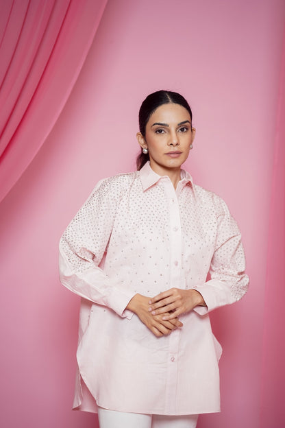 CELESTIA EMBELLISHED COORD SET IN ROSE QUARTZ - White Maison de Couture
