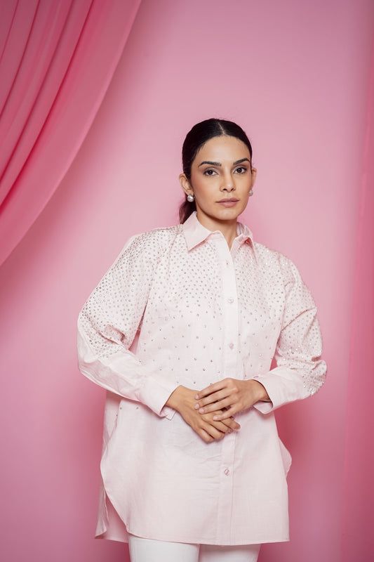 CELESTIA EMBELLISHED COORD SET IN ROSE QUARTZ - White Maison de Couture