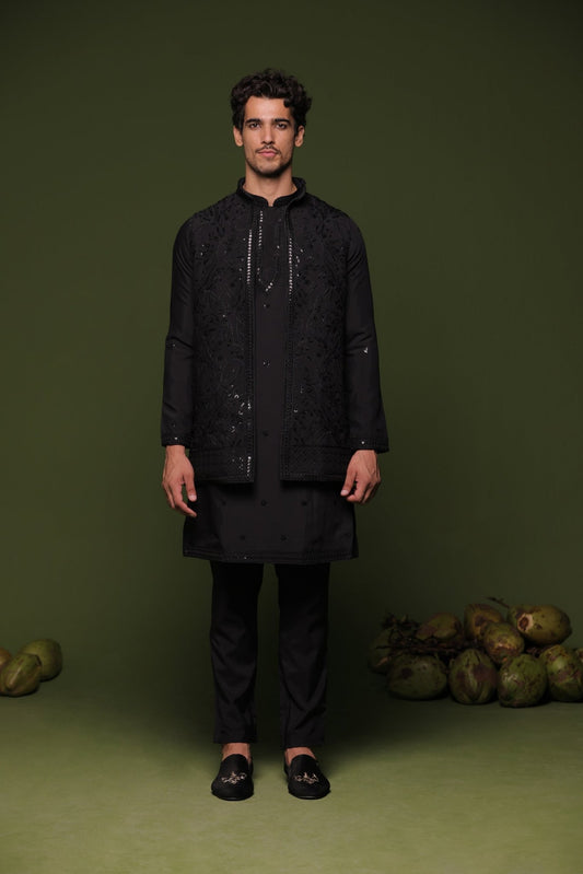 CHITTA BLACK JACKET KURTA SET WITH TROUSER - White Maison de Couture