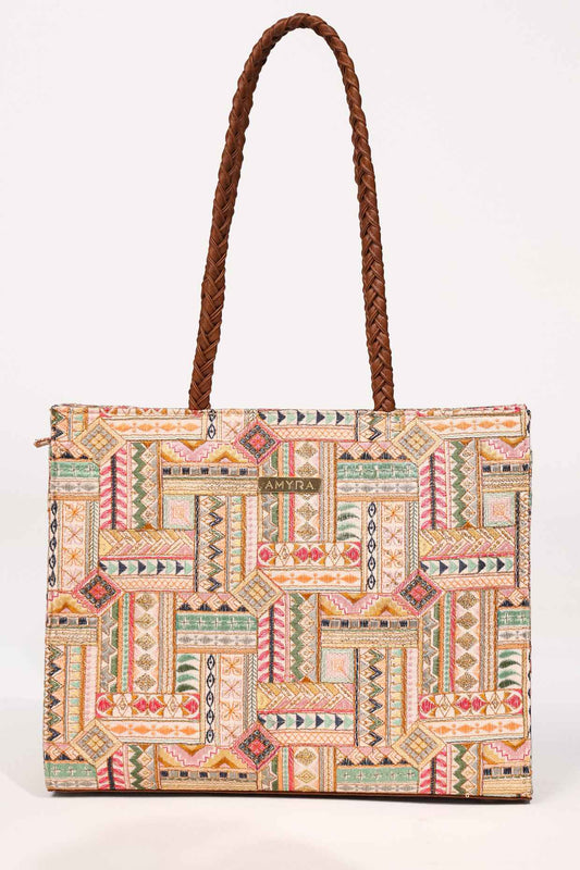 CORA EMBROIDERED MULTICOLOR BOX TOTE BAG - White Maison de Couture