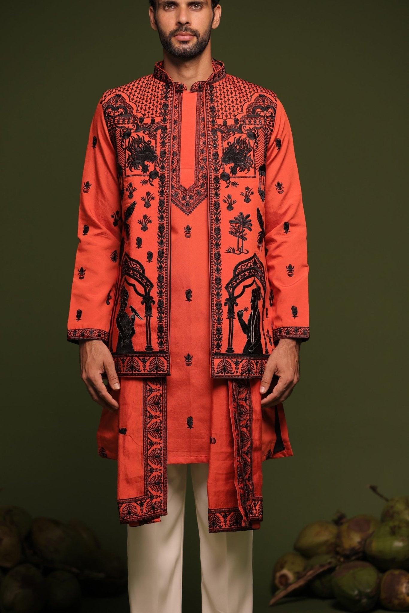 DHEERAJ RUST ORANGE JACKET KURTA SET WITH DUPATTA - White Maison de Couture