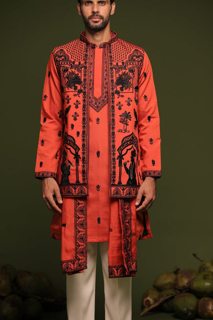 DHEERAJ RUST ORANGE JACKET KURTA SET WITH DUPATTA - White Maison de Couture