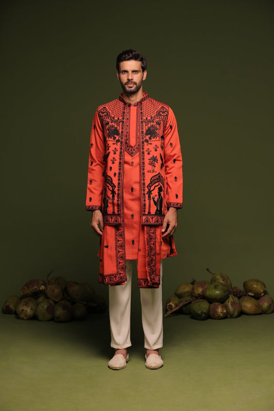 DHEERAJ RUST ORANGE JACKET KURTA SET WITH DUPATTA - White Maison de Couture