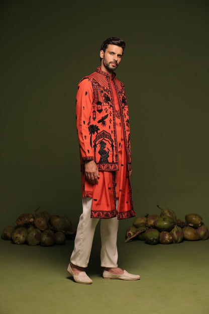 DHEERAJ RUST ORANGE JACKET KURTA SET WITH DUPATTA - White Maison de Couture