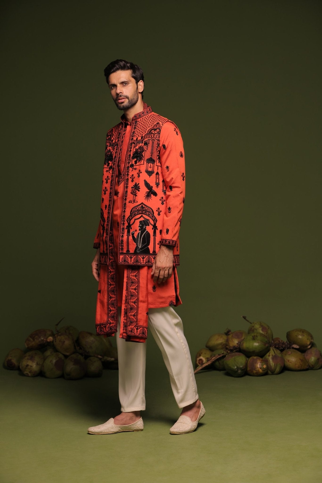 DHEERAJ RUST ORANGE JACKET KURTA SET WITH DUPATTA - White Maison de Couture