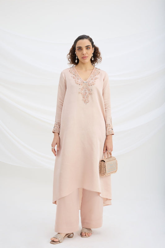 EMBROIDERED ASYMMETRICAL KURTA TOP WITH BOTTOM - White Maison de Couture