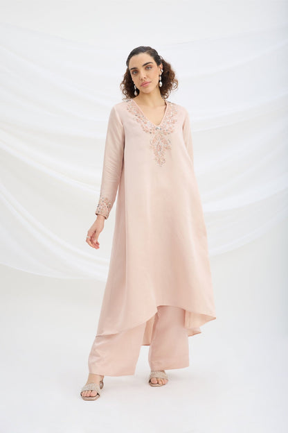 EMBROIDERED ASYMMETRICAL KURTA TOP WITH BOTTOM - White Maison de Couture