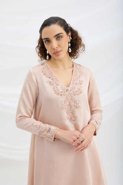 EMBROIDERED ASYMMETRICAL KURTA TOP WITH BOTTOM - White Maison de Couture