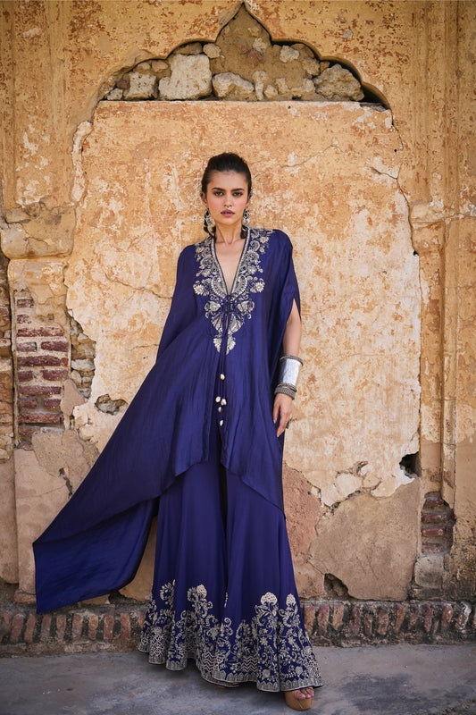 EMBROIDERED CAPE WITH SHARARA - White Maison de Couture