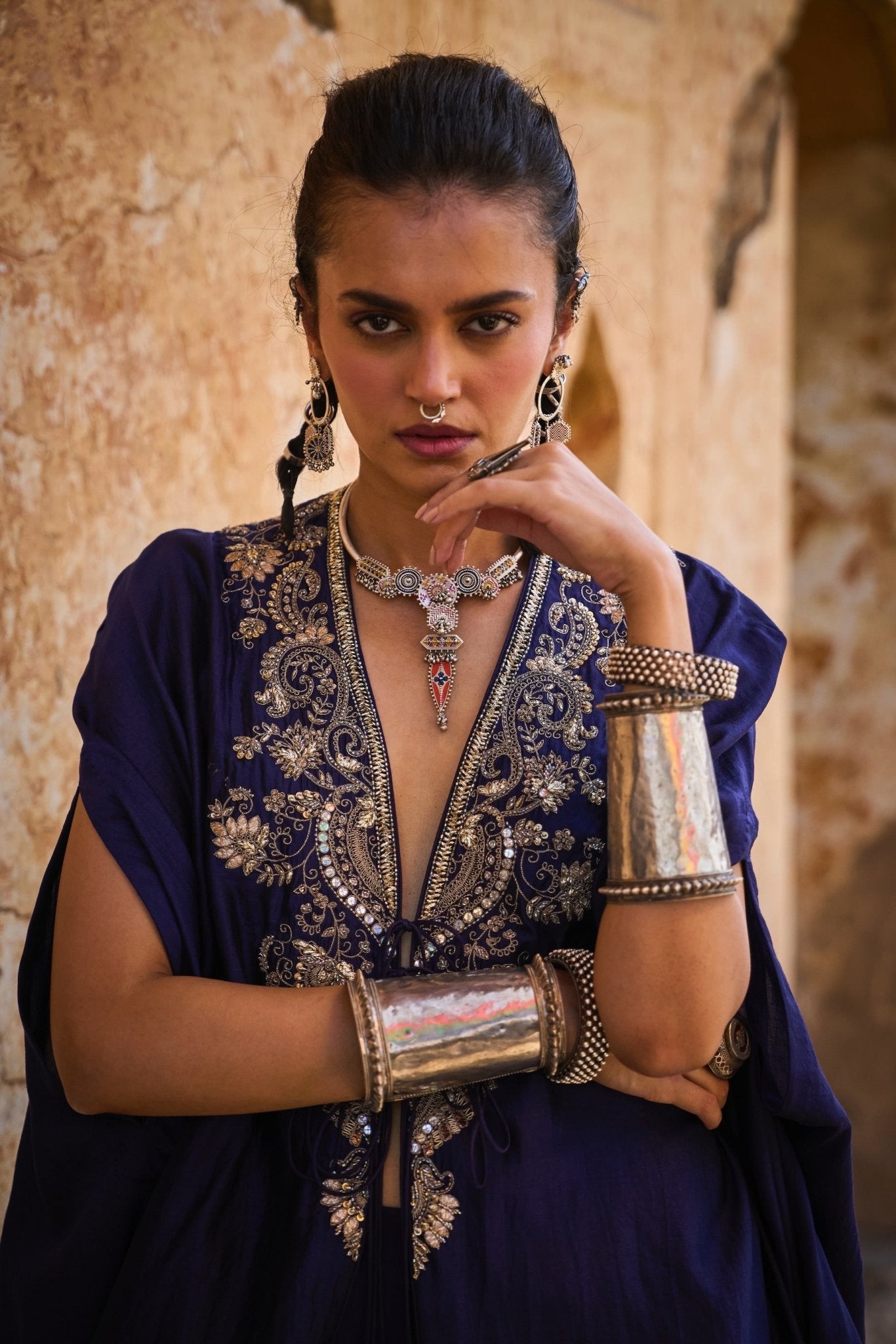 EMBROIDERED CAPE WITH SHARARA - White Maison de Couture