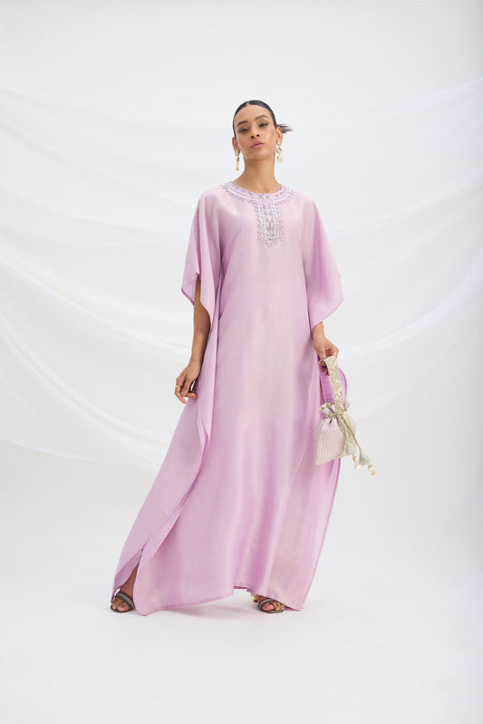 EMBROIDERED LILAC KAFTAN WITH BOTTOM - White Maison de Couture