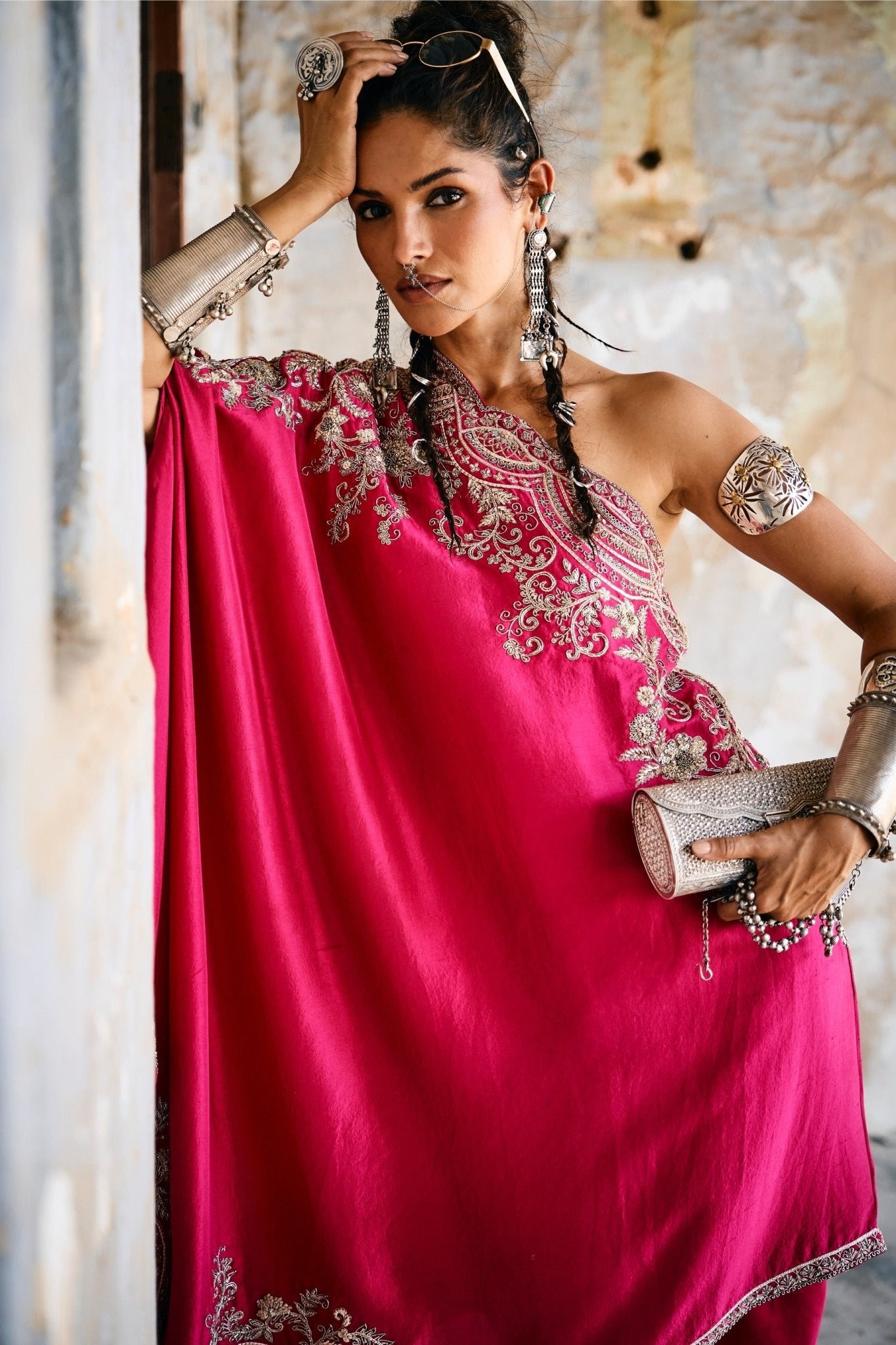 EMBROIDERED OFF SHOULDER CAPE WITH WRAP SKIRT - White Maison de Couture