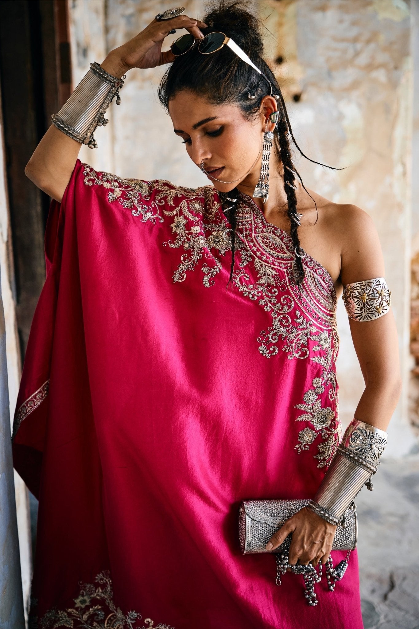 EMBROIDERED OFF SHOULDER CAPE WITH WRAP SKIRT - White Maison de Couture