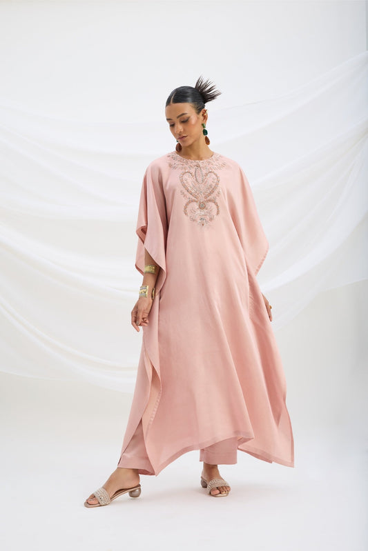 EMBROIDERED PEACH PINK KAFTAN WITH BOTTOM - White Maison de Couture