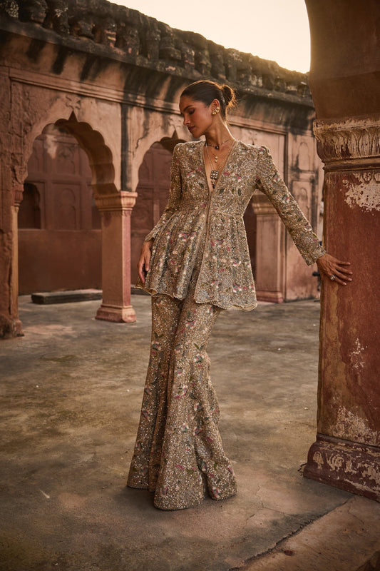 EMBROIDERED PEPLUM AND SHARARA SET - White Maison de Couture