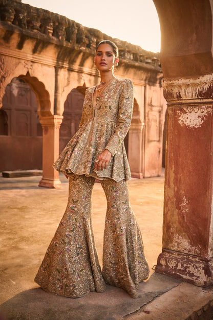 EMBROIDERED PEPLUM AND SHARARA SET - White Maison de Couture