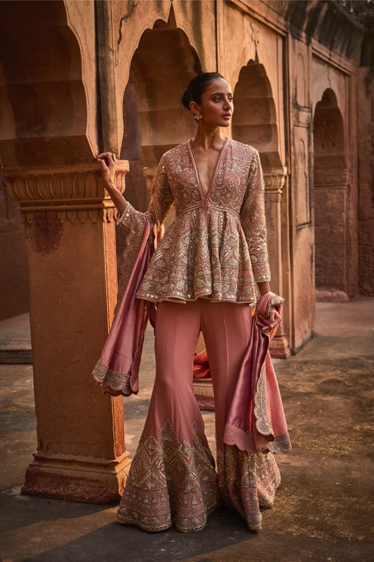 EMBROIDERED PEPLUM WITH SHARARA AND DUPATTA - White Maison de Couture