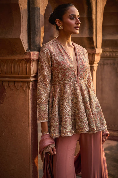 EMBROIDERED PEPLUM WITH SHARARA AND DUPATTA - White Maison de Couture