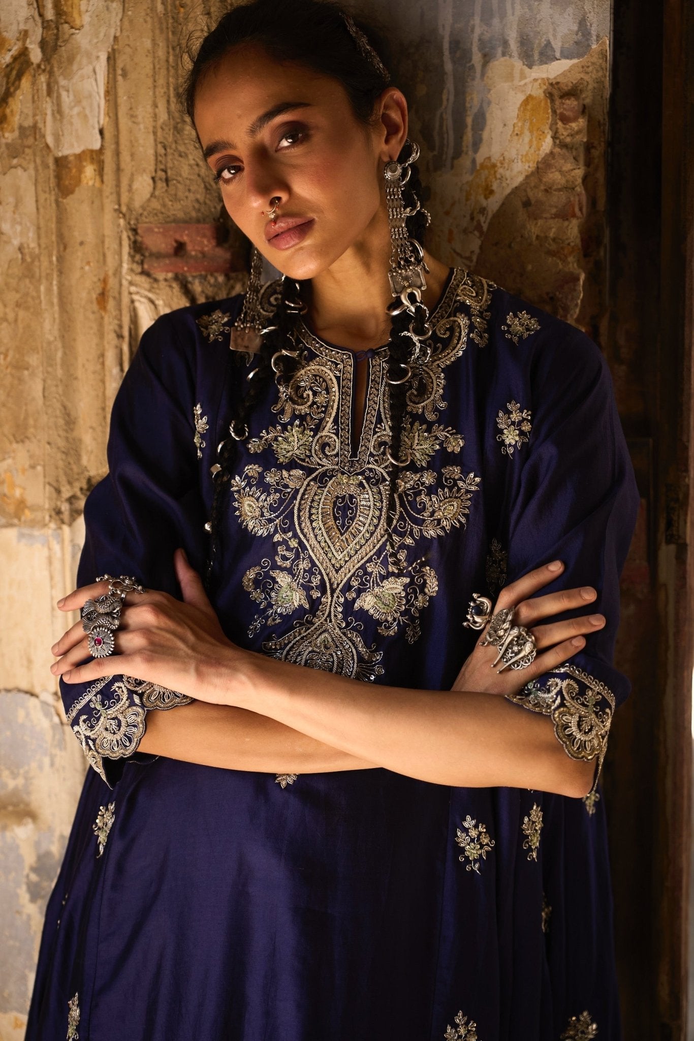 EMBROIDERED TUINC WITH DUPATTA AND COWL SKIRT - White Maison de Couture