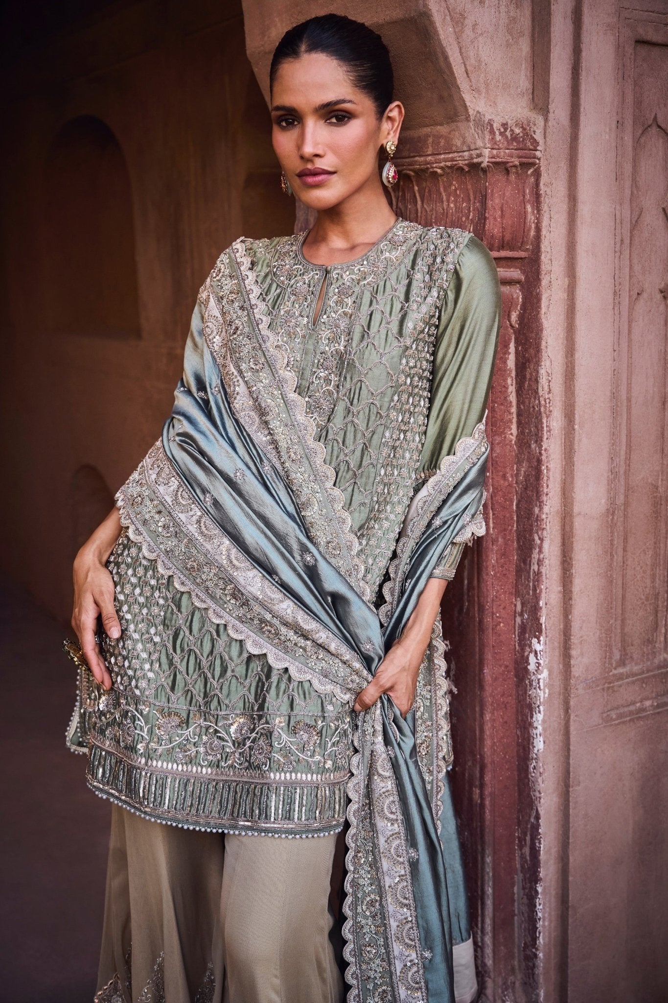 EMBROIDERED TUINC WITH SHARARA - White Maison de Couture