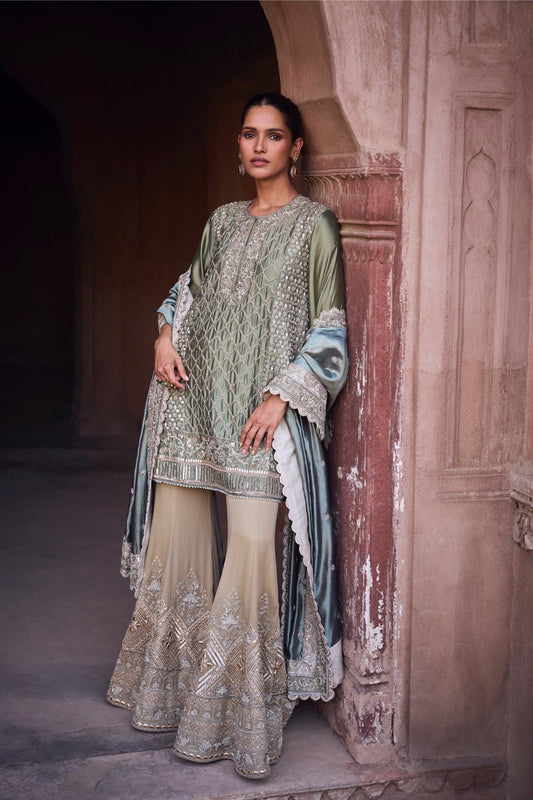 EMBROIDERED TUINC WITH SHARARA - White Maison de Couture