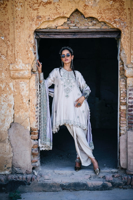 EMBROIDERED TUNIC WITH DUPATTA AND DHOTI - White Maison de Couture
