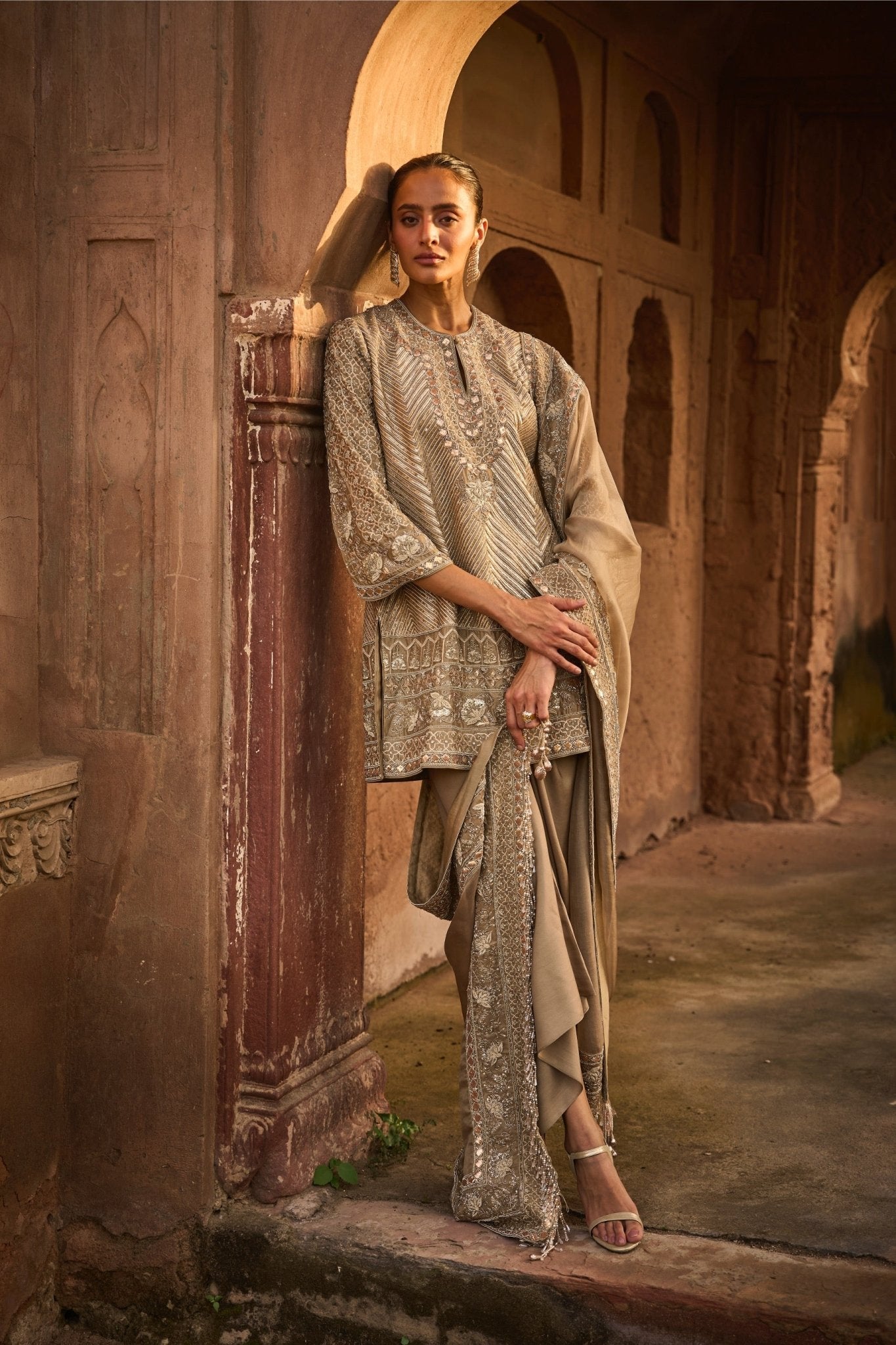 EMBROIDERED TUNIC WITH DUPATTA AND WRAP SKIRT - White Maison de Couture
