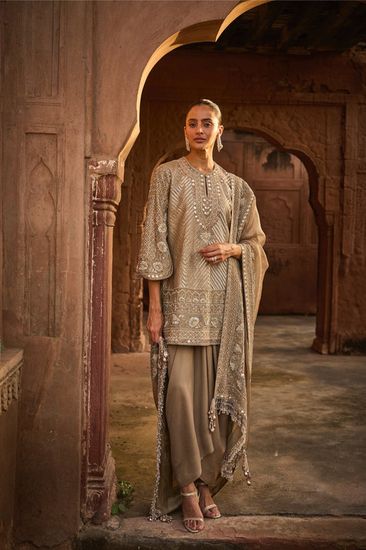 EMBROIDERED TUNIC WITH DUPATTA AND WRAP SKIRT - White Maison de Couture