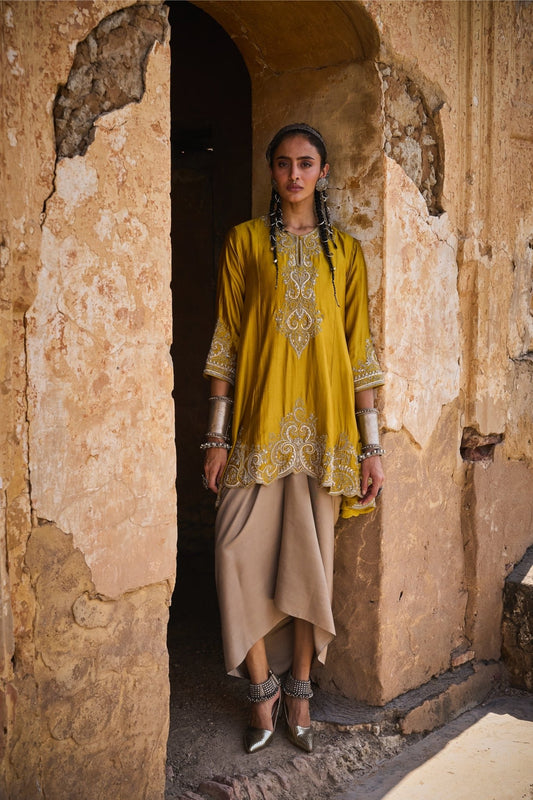 EMBROIDERED TUNIC WITH WRAP SKIRT - White Maison de Couture