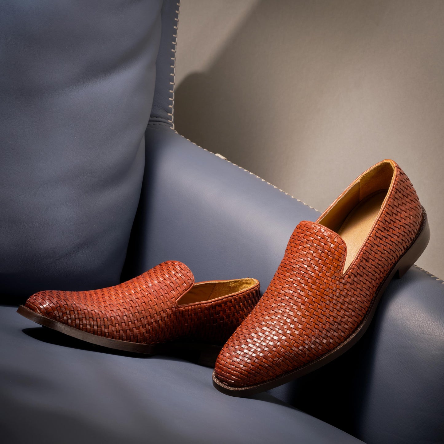 TAN WEAVED CUBAN SLIP ONS